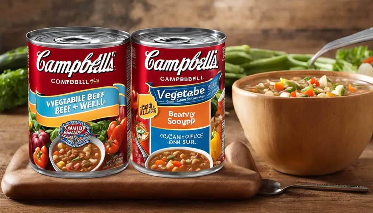 A can of Campbell's Vegetable Beef Soup with a hearty blend of vegetables and meat, perfect for a warm and comforting meal.