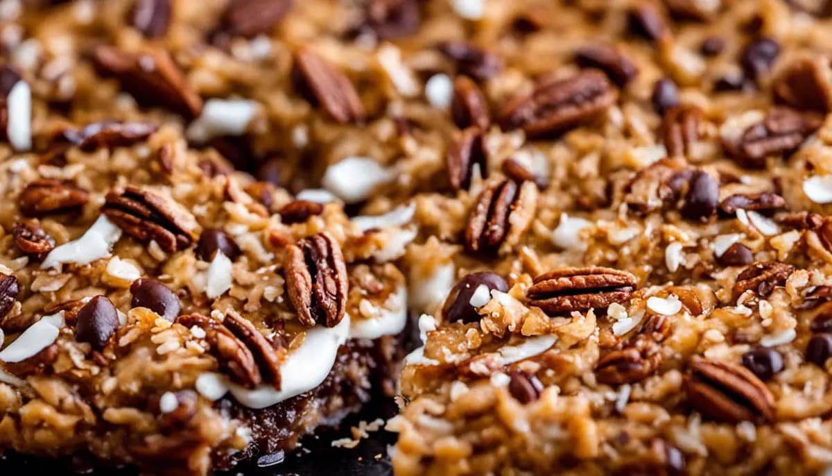 A delicious German Chocolate Dump Cake garnished with coconut flakes and pecans.