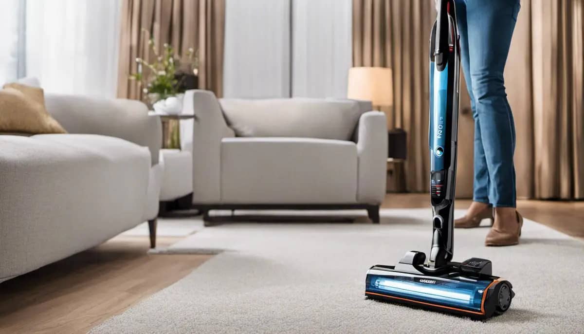 A cordless vacuum cleaner being used to clean a room
