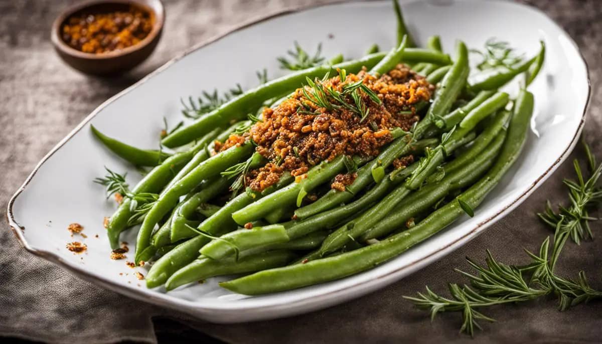 A plate of cooked green beans topped with herbs and spices.