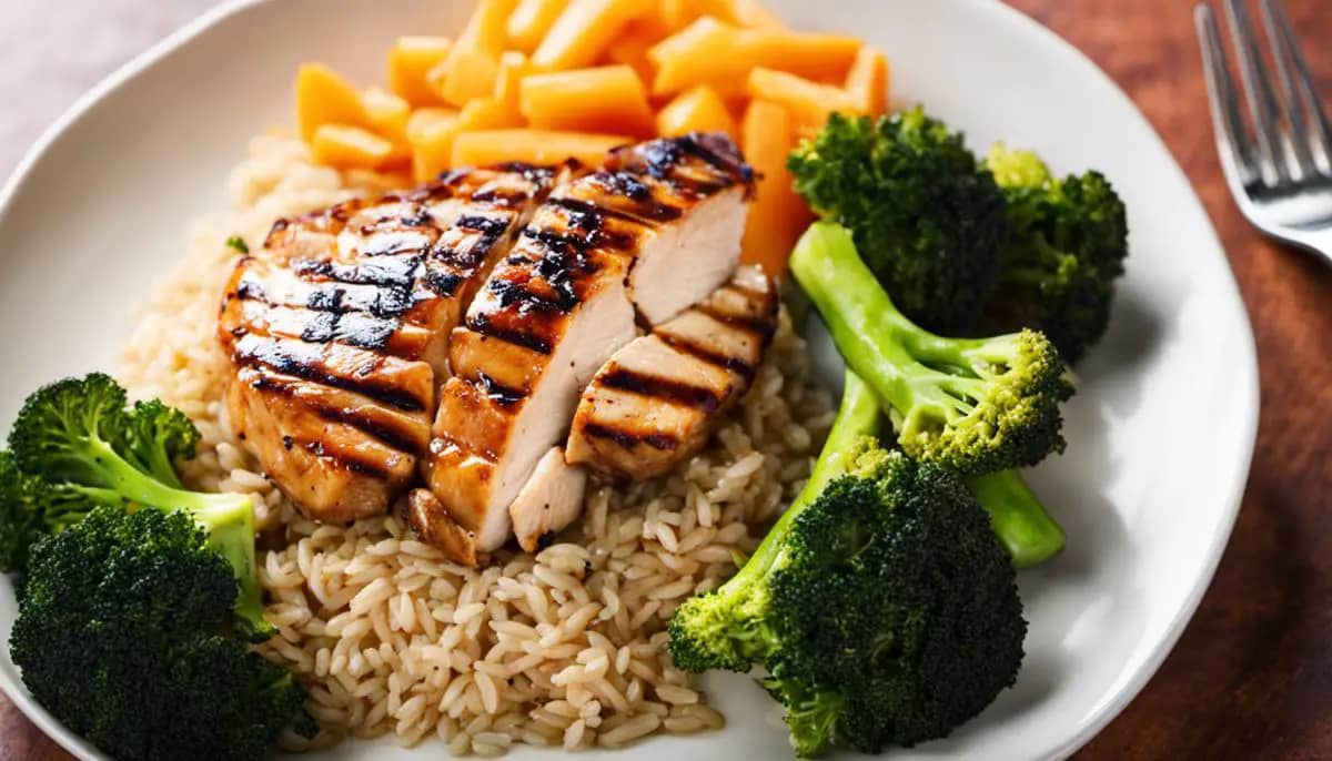 A plate filled with a colorful, healthy meal consisting of grilled chicken, steamed broccoli, and brown rice, representing high-protein and low-calorie meals.