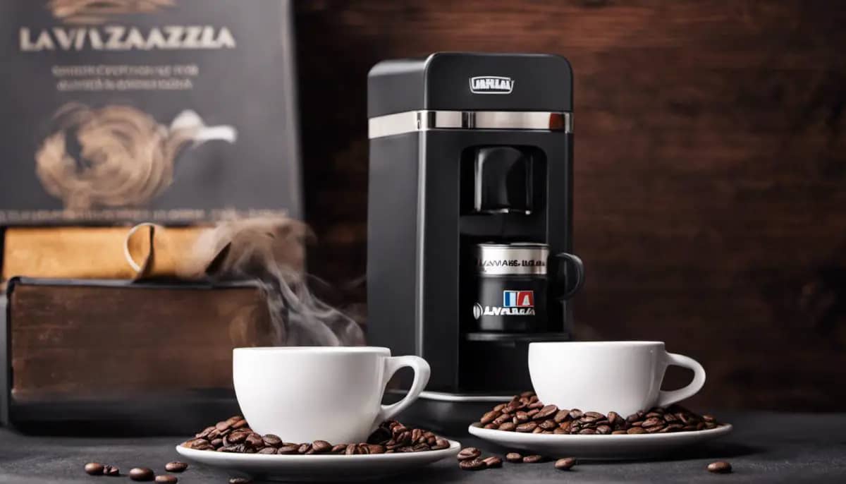 A pack of Lavazza coffee with a cup of black coffee next to it.