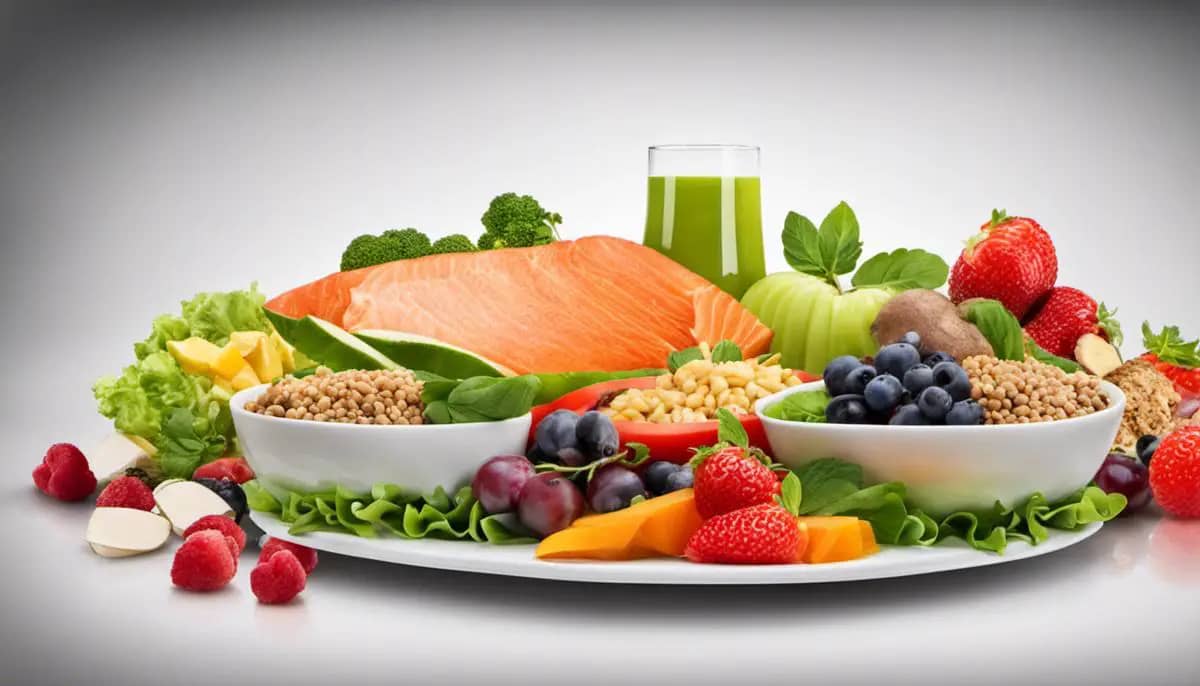 A balanced meal plate with a variety of colorful foods, representing the concept of nutrition and dietary balance.